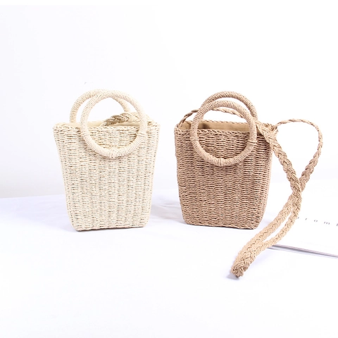 Stroh Gewebte Tasche Damen Handgefertigt Runder Griff Crossbody Eimer Tasche Für Strand Urlaub Mini Schulter Handtasche