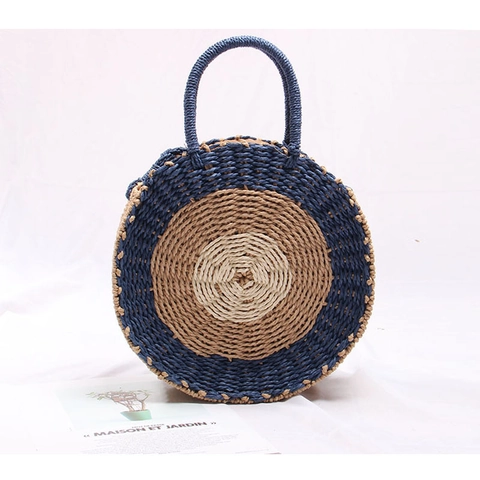 Women Round Straw Woven Crossbody Bag Patchwork Color Block Handbag Summer Beach Vacation Shoulder Bag Bohemian Trendy