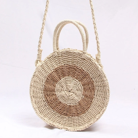 Women Round Straw Woven Crossbody Bag Patchwork Color Block Handbag Summer Beach Vacation Shoulder Bag Bohemian Trendy