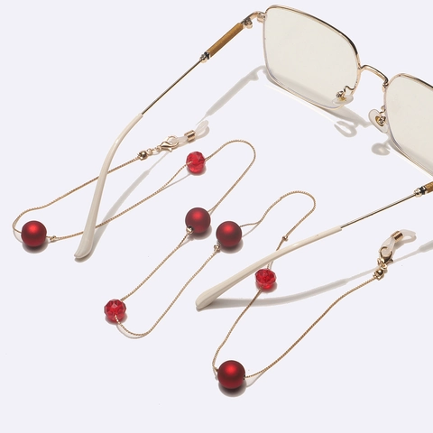 Modische Metall Brillenlkette Rote Matte Perlen Kristall Dekorativ Anti Rutsch Brillenband Maskenhalter Für Damen
