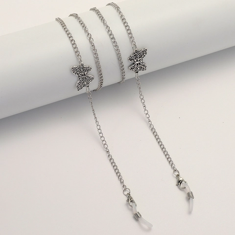 Brilketting Met Vlinderhanger Zilver Metaallegering Hol Retro Antislip Zonnebrilkoord Brilhouder Voor Dames