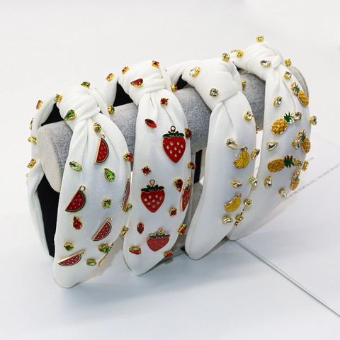 Bandeau Large Noué Avec Breloques De Fruits En Alliage Et Strass Tissu Accessoires De Cheveux Été Pour Femmes