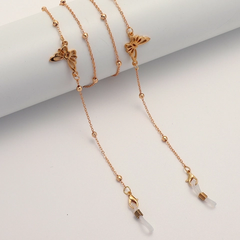 Golden Metal Eyeglass Chain With Hollow Butterfly Pendants Beads Anti Slip Silicone Loop Eyewear Neck Strap Retainer