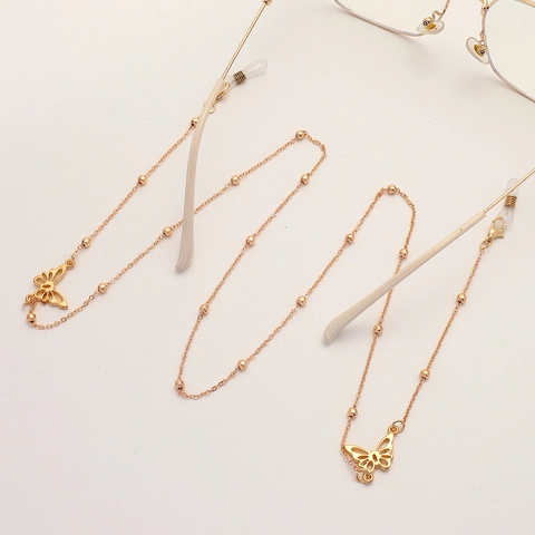 Golden Metal Eyeglass Chain With Hollow Butterfly Pendants Beads Anti Slip Silicone Loop Eyewear Neck Strap Retainer