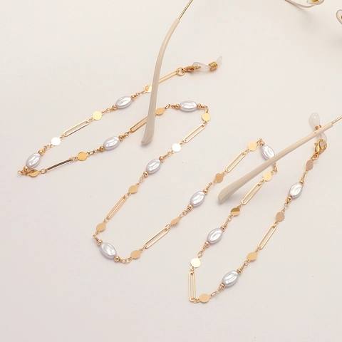 Catena Per Occhiali Geometrica In Metallo Dorato Con Künstliche Perle Imitazione E Anelli In Silicone Antiscivolo Accessorio Moda