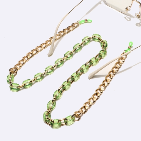 Fashion Acrylic Resin Eyeglass Chain Anti Slip Gold Metal Links Sunglasses Strap For Women Stylish Green Transparent