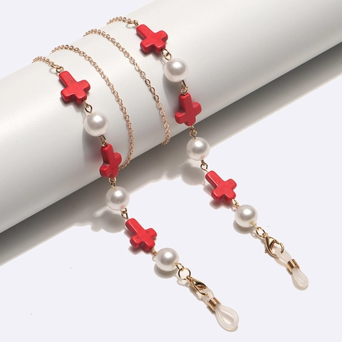 Catena Per Occhiali In Lega Dorata Con Croce Rossa E Künstliche Perle Sintetiche Cordino Antiscivolo Per Occhiali E Maschere Per Donne
