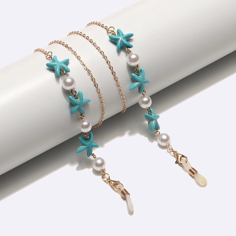 Catena Per Occhiali In Metallo Dorato Con Stella Marina Blu E Künstliche Perle Sintetiche Antiscivolo Porta Occhiali Donna Stile Oceano