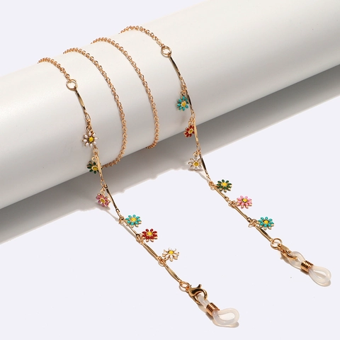 Mode Gold Kupferlegierung Brillenkette Mit Bunten Emaille Gänseblümchen Anhängern Anti Rutsch Maskenband Für Damen