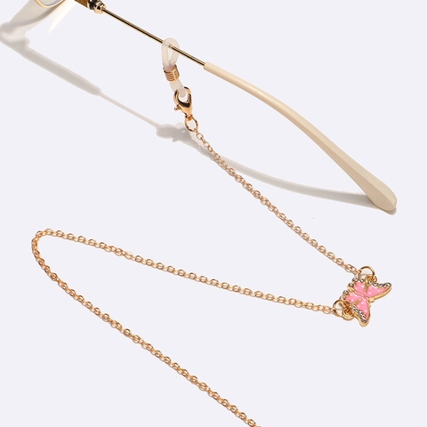 Gold Alloy Glasses Chain With Pink Butterfly Pendant Rhinestone Eyewear Lanyard Anti Slip Silicone Loop Strap
