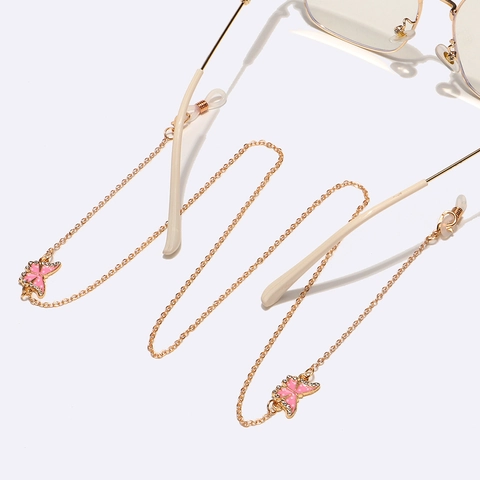 Gold Alloy Glasses Chain With Pink Butterfly Pendant Rhinestone Eyewear Lanyard Anti Slip Silicone Loop Strap