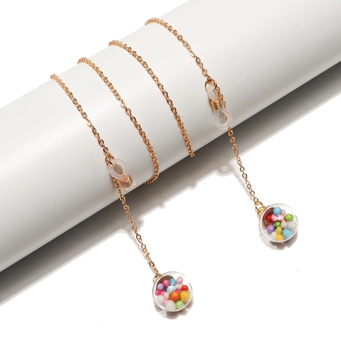 Glasses Chain Gold Metal With Colorful Bead Glass Ball Pendants Anti Slip Adjustable Eyewear Strap Decorative For Women