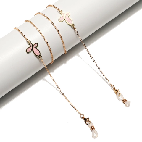 Glasses Chain Pink Enamel Butterfly Pendant Gold Alloy Anti-lost Eyewear Cord Mask Lanyard Strap Holder
