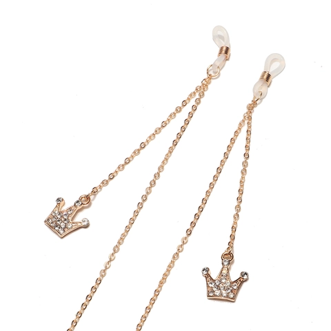 Elegant Gold Plated Alloy Glasses Chain With Rhinestone Crown Pendant Anti-Slip Silicone Loops Fashion Eyewear Strap