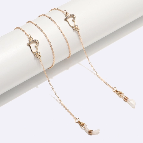 Gold Alloy Glasses Chain With Heart Rhinestone Pendant Anti-Slip Eyewear Lanyard For Women Decorative Mask Strap