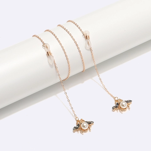 Glasses Chain Alloy Metal Golden Faux Artificial Pearl Bee Pendant Rhinestone Anti-slip Eyewear Strap Holder Women Vintage Fashion
