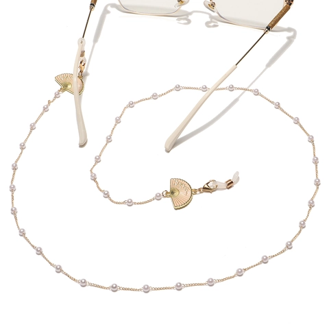Catenella Per Occhiali Metallo Dorato Con Künstliche Perle Imitazione Pendente Ventaglio Smalto Rosa Cordino Elegante Moda