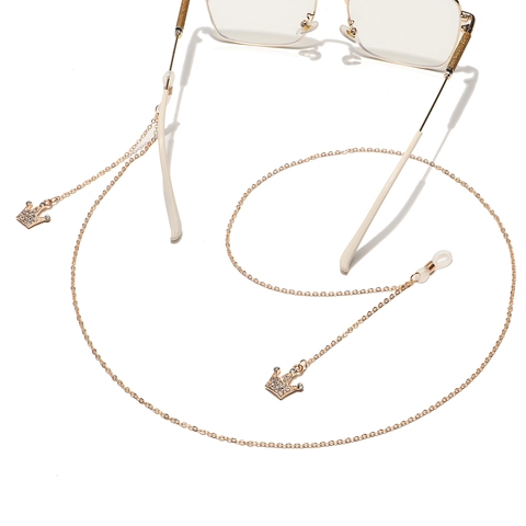 Elegant Gold Plated Alloy Glasses Chain With Rhinestone Crown Pendant Anti-Slip Silicone Loops Fashion Eyewear Strap