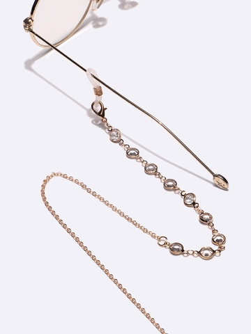 Catena Per Occhiali In Lega Dorata Con Strass In Vetro Trasparente Passante In Silicone Antiscivolo Chiusura A Moschettone