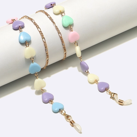 Metal Glasses Chain Macaron Colorful Resin Heart Beads Anti Slip Eyewear Strap Mask Lanyard Holder For Women Girls Elegant