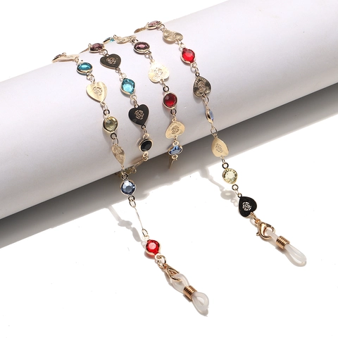 Fashion Glasses Chain Heart Pendant Colorful Crystal Bead Metal Anti Slip Eyewear Strap Mask Lanyard For Women
