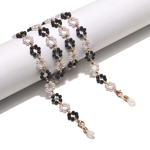 Fashion Black White Flower Beaded Sunglasses Chain Metal Mask Lanyard Anti-Slip Adjustable Silicone Loop Strap