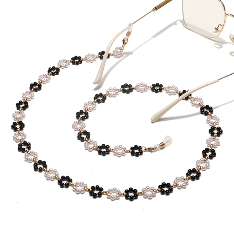 Fashion Black White Flower Beaded Sunglasses Chain Metal Mask Lanyard Anti-Slip Adjustable Silicone Loop Strap