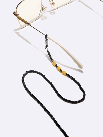 Handmade Beaded Glasses Chain Anti-Slip Eyewear Strap Holder With Silicone Loops Black And Amber Beads Decorative Accessory