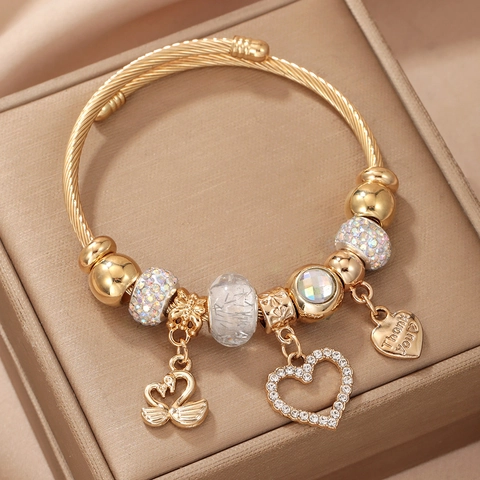 Stainless Steel Charm Bangle Bracelet Heart Swan Pendant Rhinestone Inlaid DIY Beaded Twisted Rope Luxury Jewelry Women