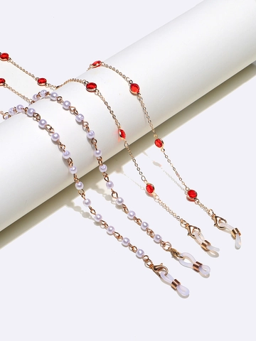 Catene Per Occhiali In Lega Di Rame Con Künstliche Perle Bianche E Perline Di Vetro Rosse Cordino Per Occhiali Antiscivolo Decorativo