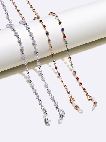 Copper Metal Glasses Chain Lanyard With Faux Artificial Pearl And Rhinestone Non Slip Adjustable Decorative Mask Holder Straps