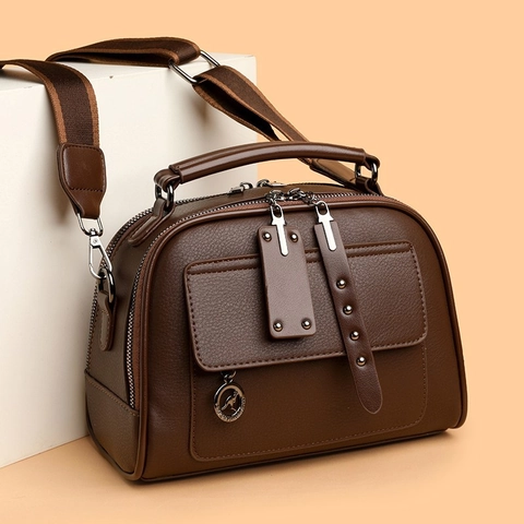 Borsa A Tracolla Da Donna In Pelle PU Trama Litchi Con Tracolla Larga A Righe Ciondolo Canguro Retrò Grande Capacità