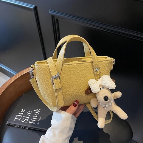 Borsa Tracolla Donna Pelle PU Mini Tote Mano Cinghia Rimovibile Pendente Peluche Cucciolo Moda Casuale