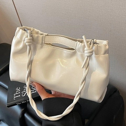 Glossy PU Leather Crossbody Bag Pleated Cloud Design Twisted Knot Strap Magnetic Closure Shoulder Handbag For Women