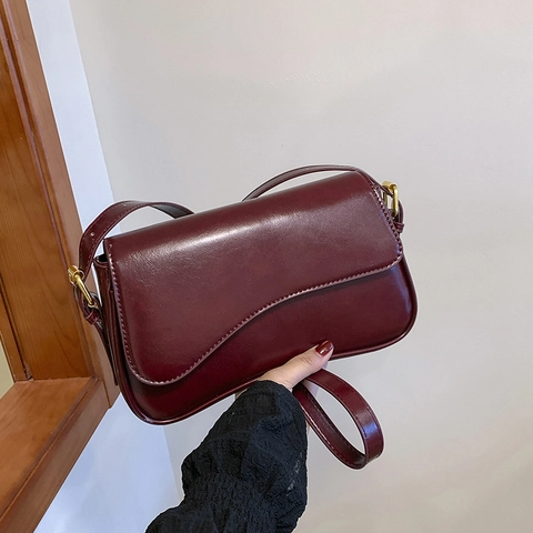 Chic PU Leather Shoulder Bag For Women Small Square Crossbody Purse With Asymmetric Curved Flap