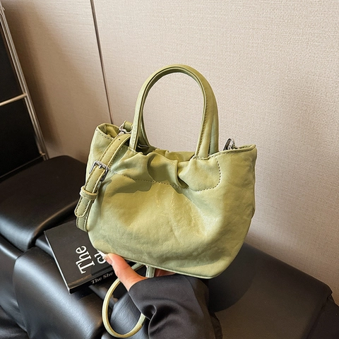 Pleated PU Leather Cloud Handbag With Adjustable Shoulder Strap Gathered Design Solid Color Fashion Crossbody Bag For Women
