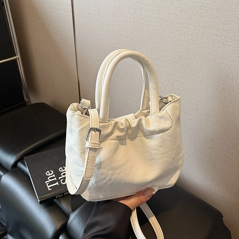 Pleated PU Leather Cloud Handbag With Adjustable Shoulder Strap Gathered Design Solid Color Fashion Crossbody Bag For Women