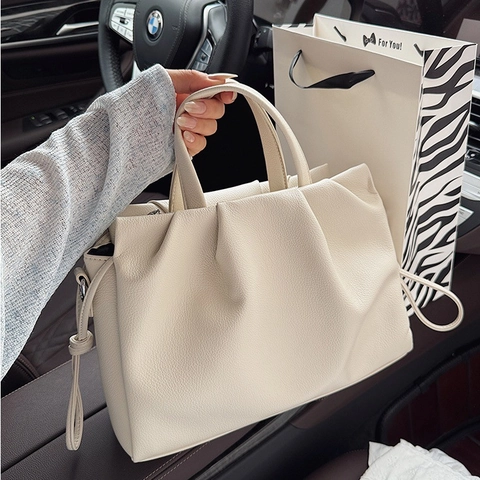 Ruched PU Leder Tote Tasche Für Frauen Litchi Grain Plissiert Cloud Schulter Handtasche Verstellbarer Riemen Urban