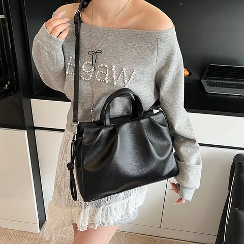 Ruched PU Leder Tote Tasche Für Frauen Litchi Grain Plissiert Cloud Schulter Handtasche Verstellbarer Riemen Urban