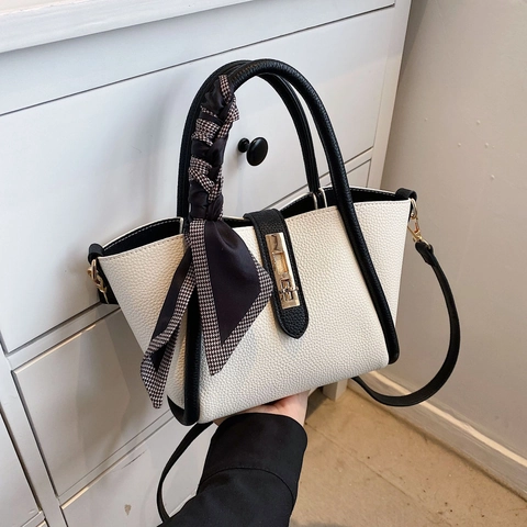 Women Handbag PU Leather Lychee Pattern Contrast Color Crossbody Bag With Satin Scarf Metal Lock Retro Commuting Tote