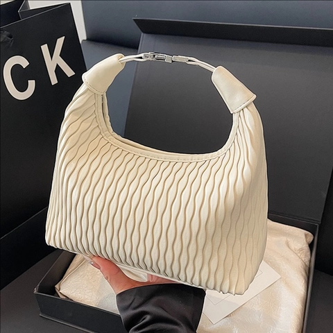 Damen Plissee Hobo Unterachseltasche PU-Leder Wellentextur Verstellbarer Riemen Schulter Umhängetasche Mode Minimalistisch