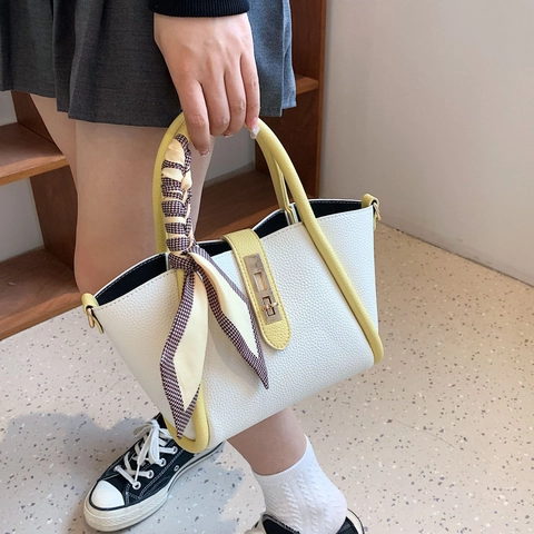 Women Handbag PU Leather Lychee Pattern Contrast Color Crossbody Bag With Satin Scarf Metal Lock Retro Commuting Tote