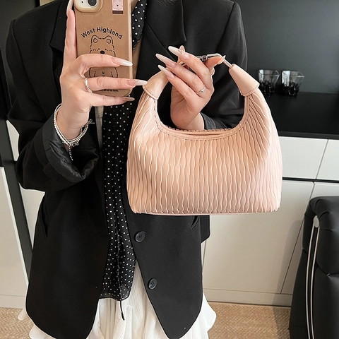 Damen Plissee Hobo Unterachseltasche PU-Leder Wellentextur Verstellbarer Riemen Schulter Umhängetasche Mode Minimalistisch