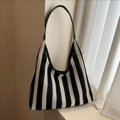 Women Vertical Striped Knitted Tote Bag PU Leather Strap Large Capacity Hobo Shoulder Handbag For Summer Vacation