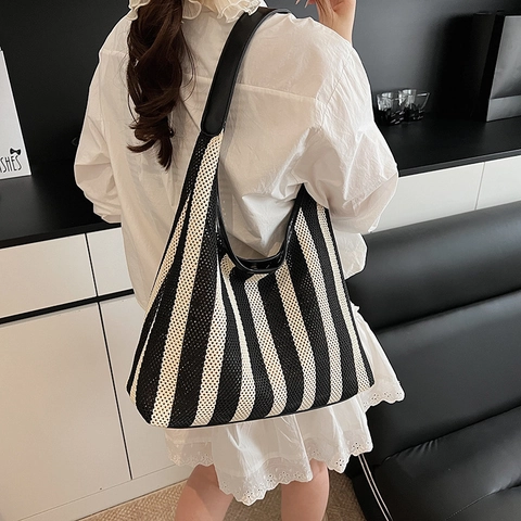 Women Vertical Striped Knitted Tote Bag PU Leather Strap Large Capacity Hobo Shoulder Handbag For Summer Vacation