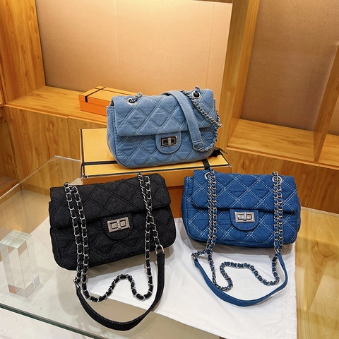 Denim Quilted Crossbody Bag For Women Diamond Pattern Chain Shoulder Bag With Metal Twist Lock Fashion Casual Flap Bag