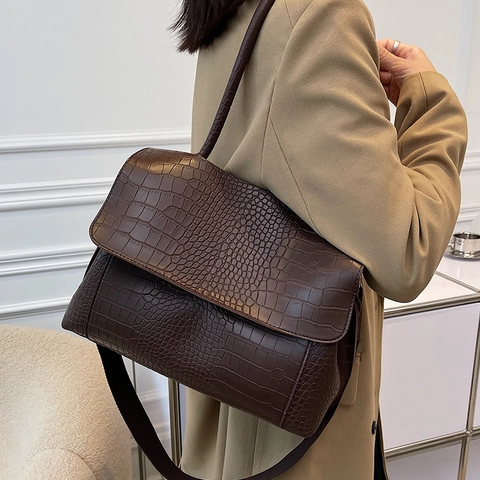 Borsa Tote Grande Motivo Coccodrillo Pelle PU Goffrata Patta Borsa A Spalla Tracolla Retro Pendolare Elegante Borsa A Mano