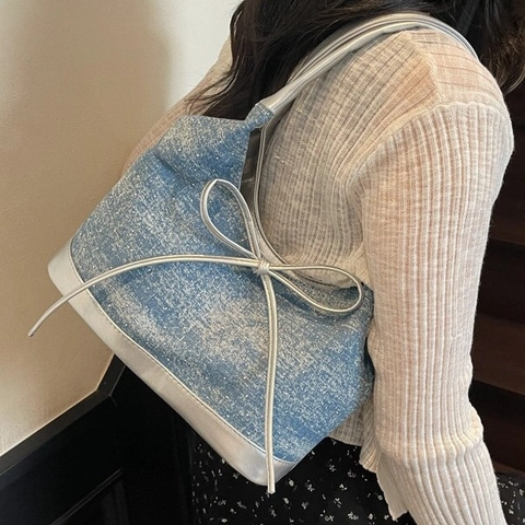 Women Denim Tote Bag Y2K Sweet Cool Style Shimmer Bowknot Decor Underarm Shoulder Handbag Silver PU Leather Trim