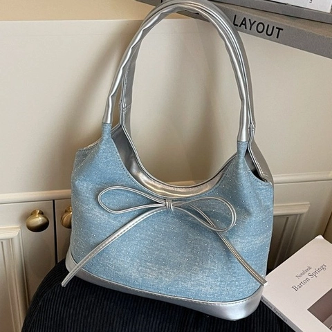 Women Denim Tote Bag Y2K Sweet Cool Style Shimmer Bowknot Decor Underarm Shoulder Handbag Silver PU Leather Trim