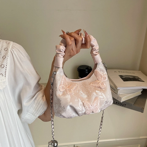 Women Crossbody Handbag Butterfly Embroidery Lace Dumpling Bag Ruched Handle Metal Chain Strap Sweet Romantic Design